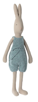 Maileg size 4 rabbit in blue knitted overalls